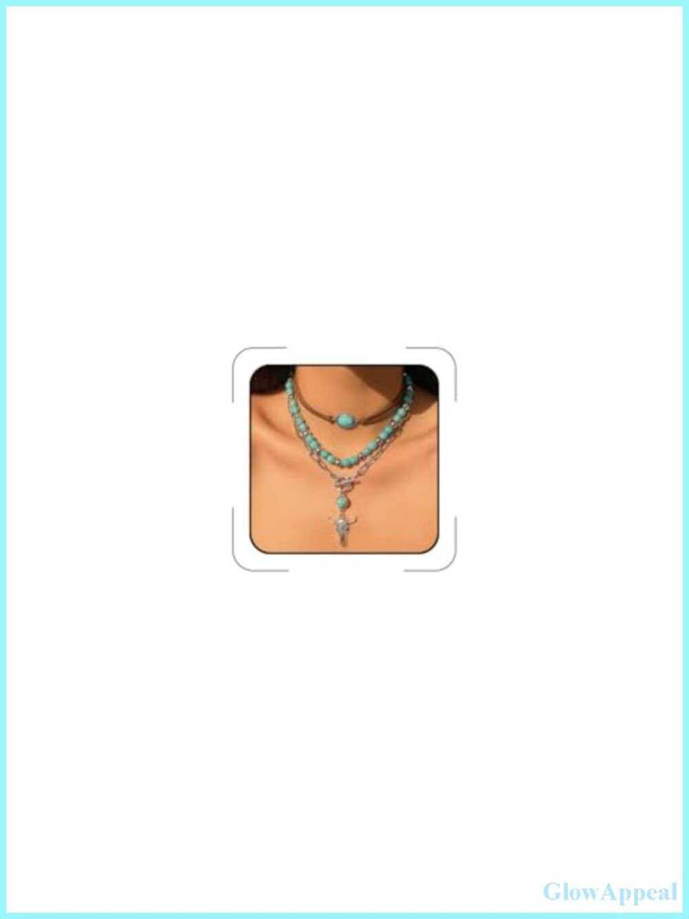 Layered Western Turquoise Beaded Necklace Set Ox-Head Cactus Cross Cowgirl